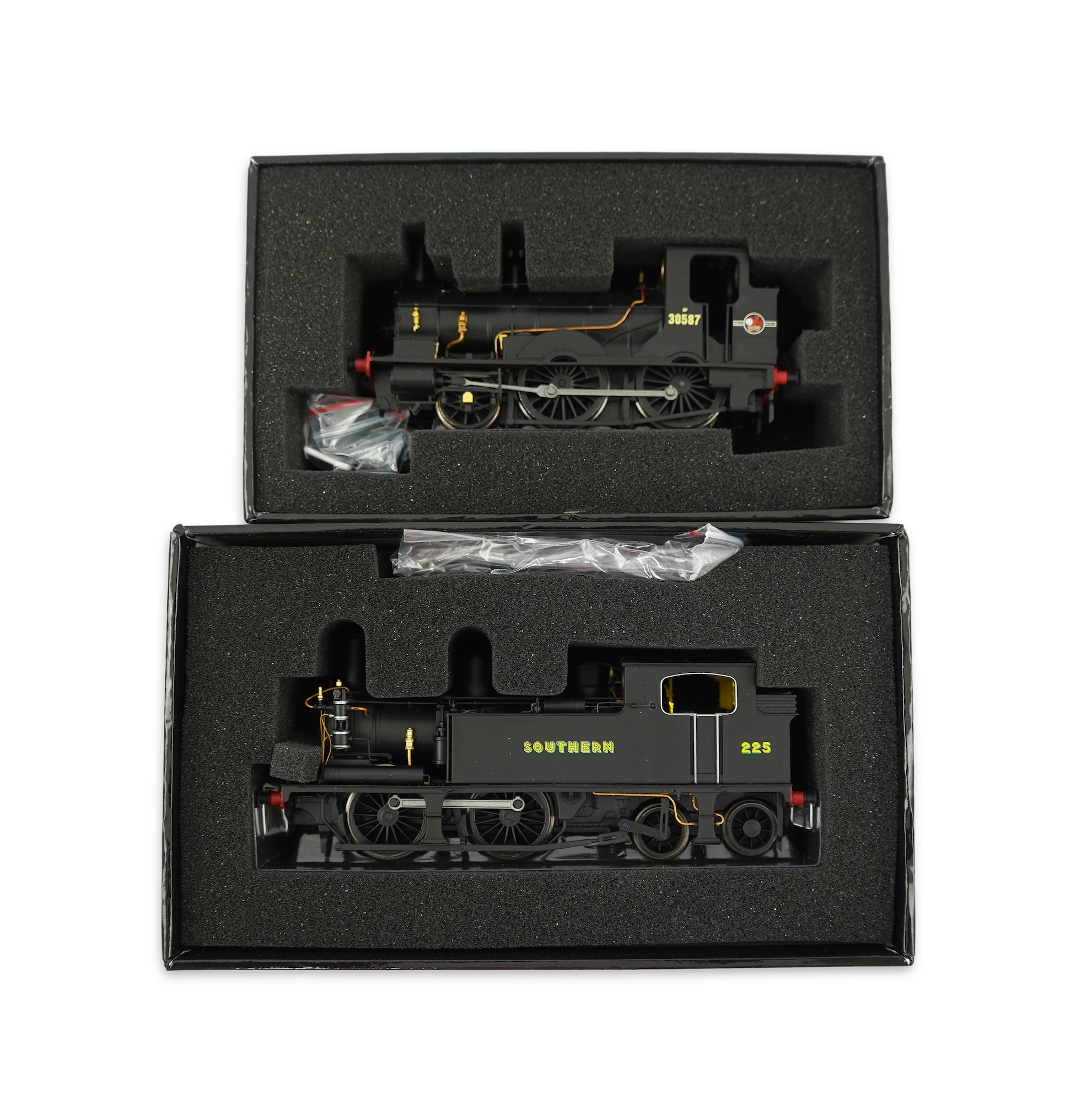 Two boxed Kernow Model Rail Centre 00 gauge railway tank locomotives; a Southern Railway Adams Class O2, 225, (K2105), together with a BR Beattie Well Tank, 30587, (K2056)